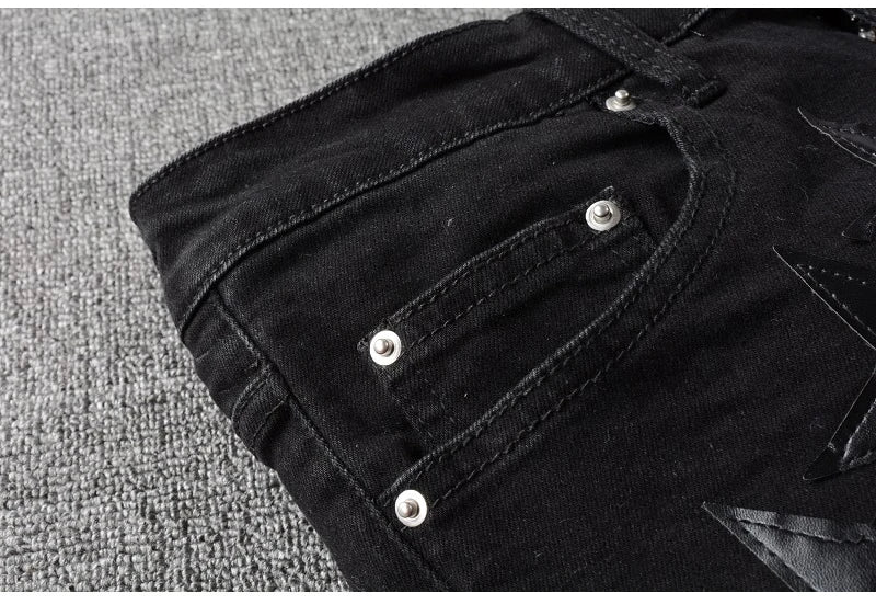Men's Leather Stars Patch Jeans Black Stretch Denim Pencil Pants Slim Skinny Patchwork Trousers