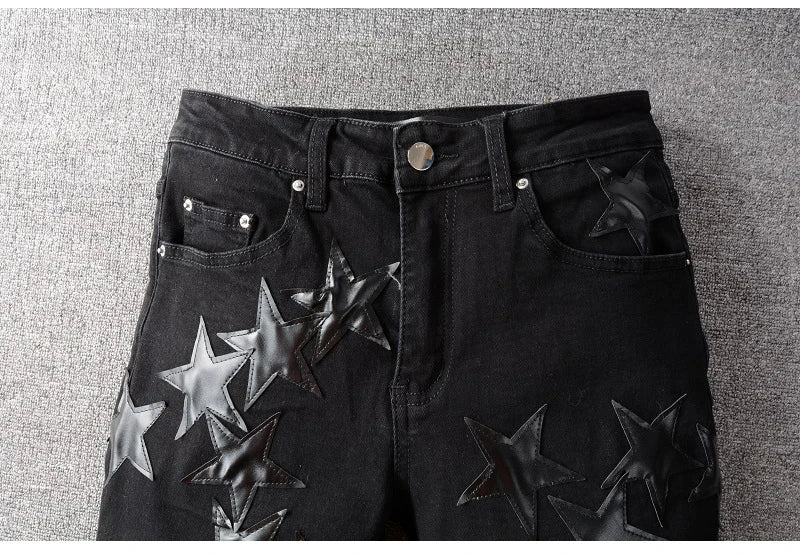 Men's Leather Stars Patch Jeans Black Stretch Denim Pencil Pants Slim Skinny Patchwork Trousers