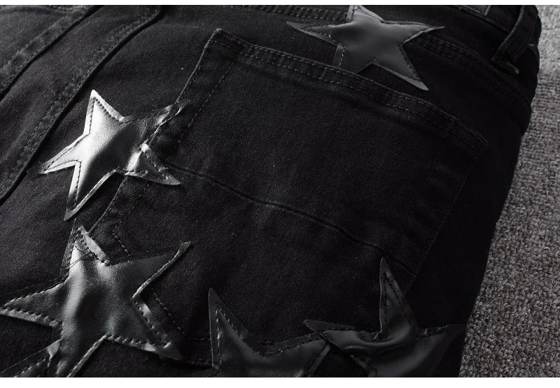 Men's Leather Stars Patch Jeans Black Stretch Denim Pencil Pants Slim Skinny Patchwork Trousers