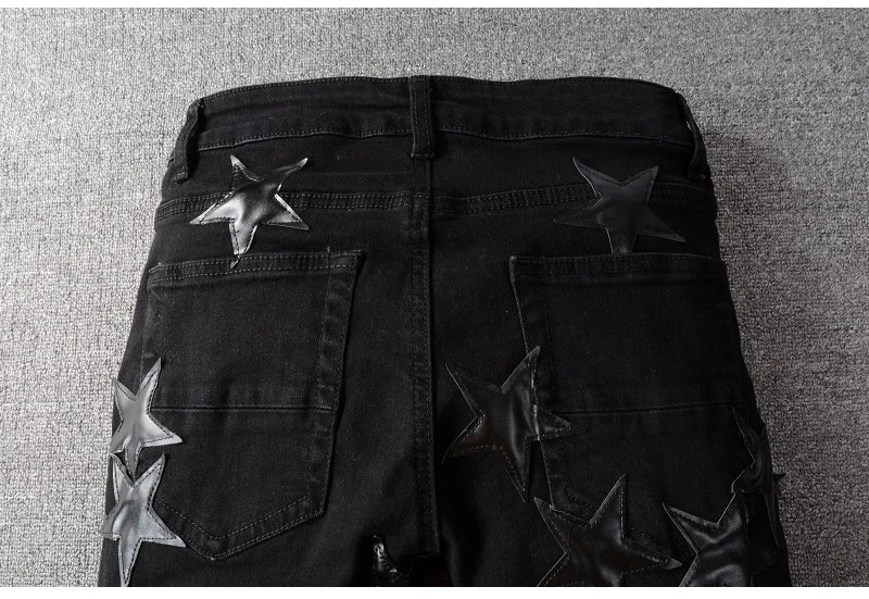 Men's Leather Stars Patch Jeans Black Stretch Denim Pencil Pants Slim Skinny Patchwork Trousers