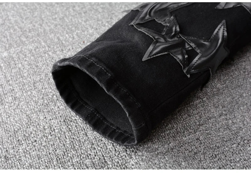 Men's Leather Stars Patch Jeans Black Stretch Denim Pencil Pants Slim Skinny Patchwork Trousers