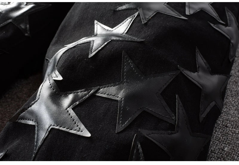 Men's Leather Stars Patch Jeans Black Stretch Denim Pencil Pants Slim Skinny Patchwork Trousers