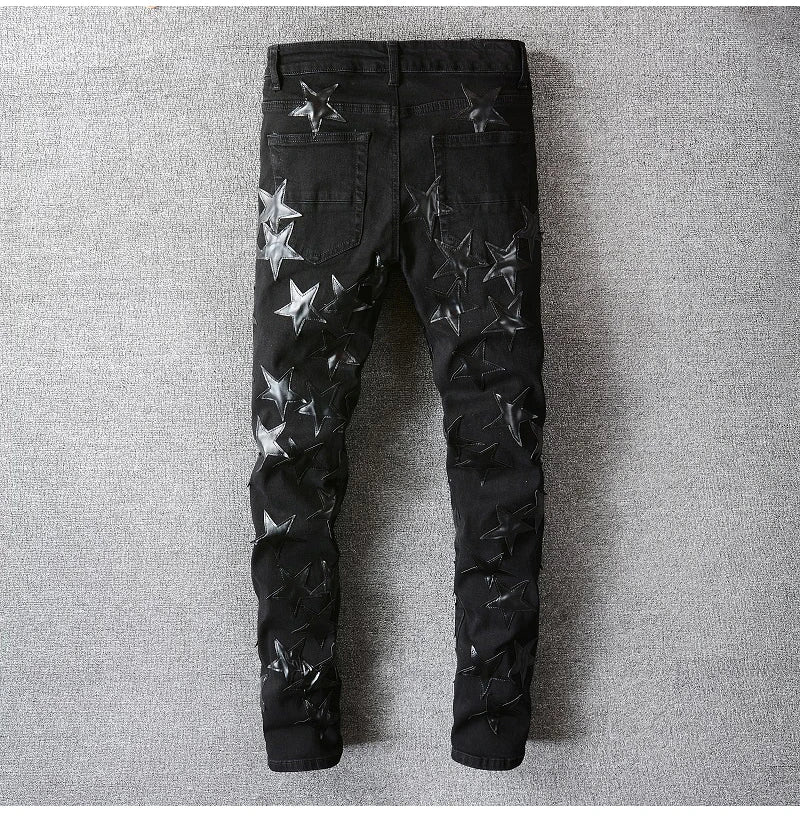 Men's Leather Stars Patch Jeans Black Stretch Denim Pencil Pants Slim Skinny Patchwork Trousers