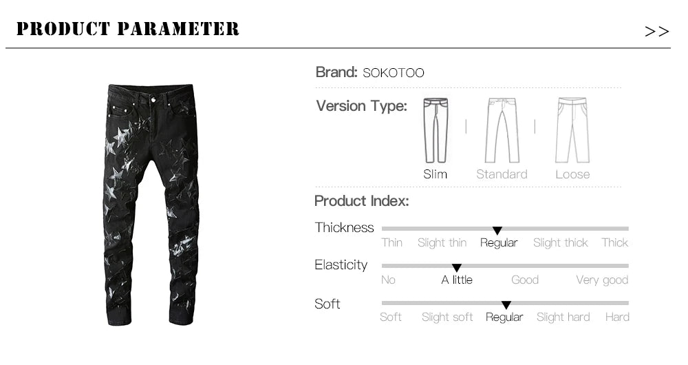 Men's Leather Stars Patch Jeans Black Stretch Denim Pencil Pants Slim Skinny Patchwork Trousers