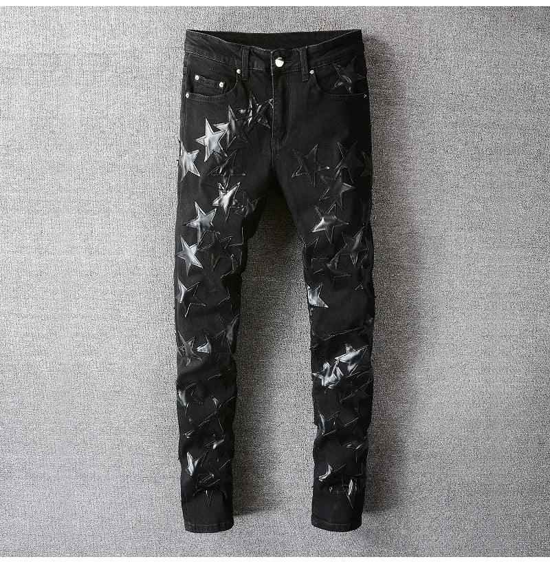 Men's Leather Stars Patch Jeans Black Stretch Denim Pencil Pants Slim Skinny Patchwork Trousers