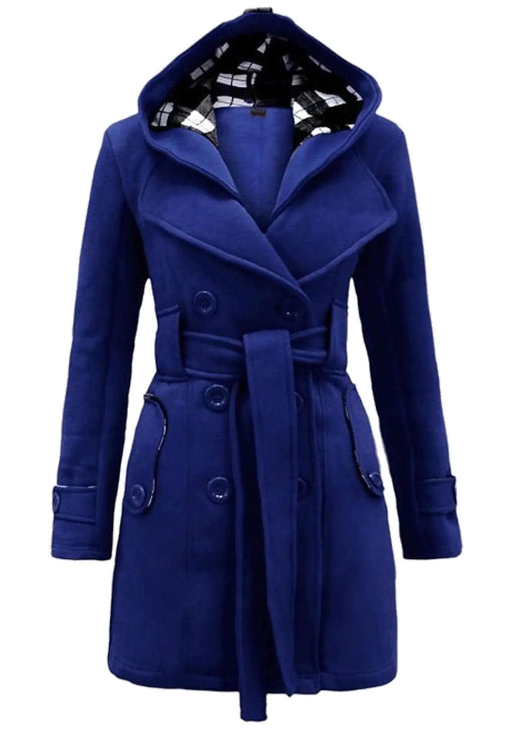 FLITAY Womens Long Sleeves Plaid Winter Hooded Pea Coat Warm Casual Coat Royal Blue XL