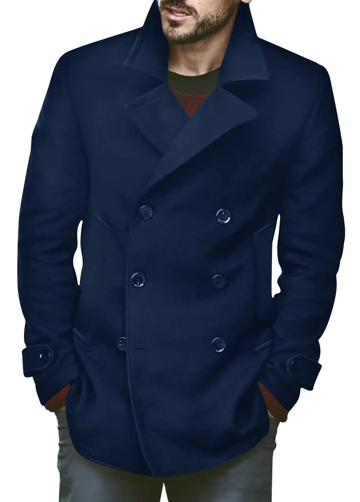 PASLTER Mens Pea Coat Winter Warm Double Breasted Classic Business Heavyweight Trench Coats