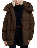 Kissonic Womens Warm Winter Coat Hooded Puffer Jacket Full Zip Long Puffer Coat with Pockets(Coffee-M)