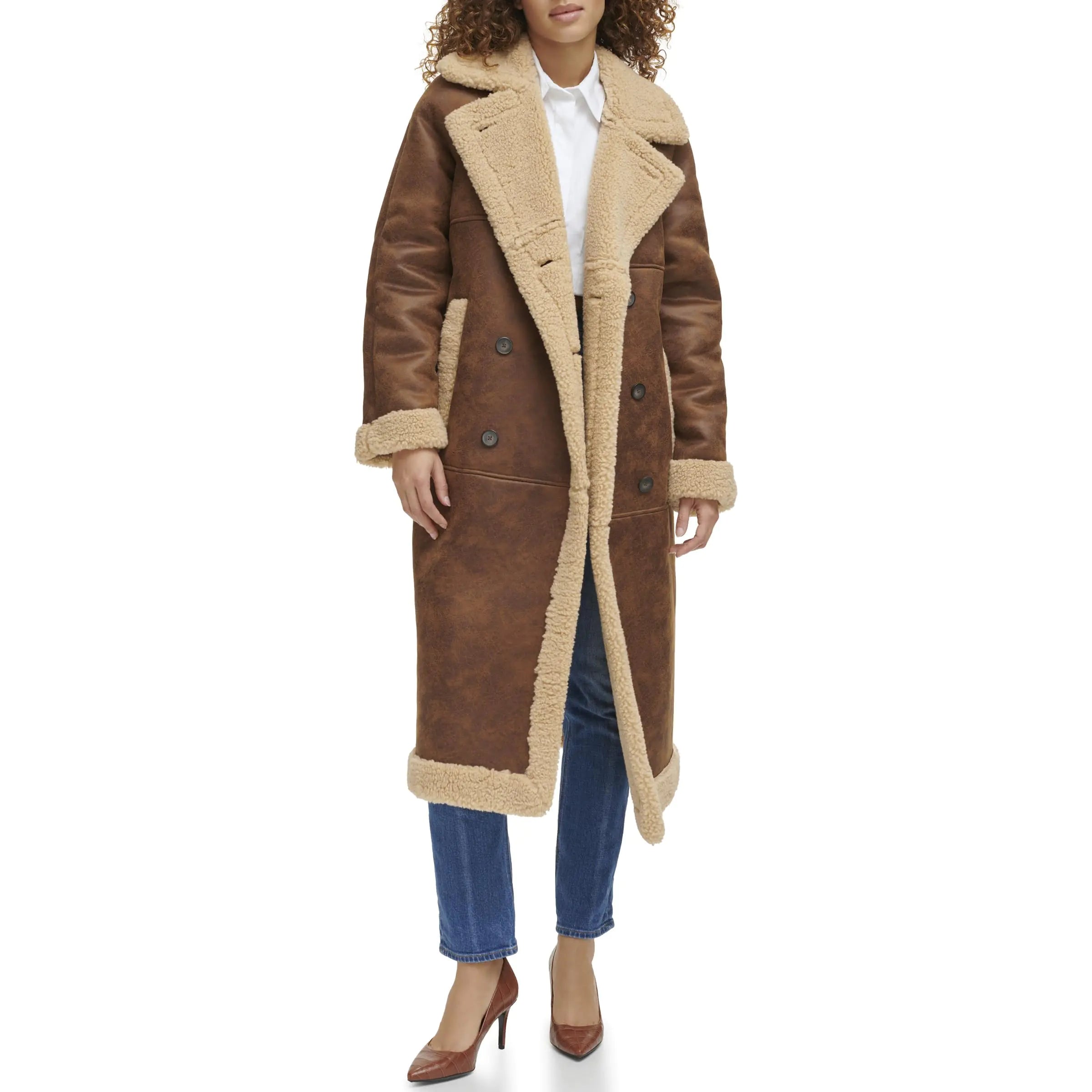 Levis Womens Faux Shearling Long Coat Brown