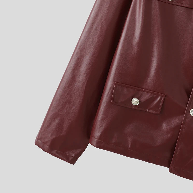 INCERUN Men Jackets PU Leather Solid Color O-neck Long Sleeve Male Coats Streetwear Button 2025 Fashion Casual Jackets Outerwear