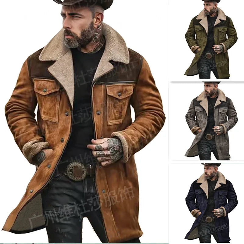 New Autumn Winter Men's Suede Color Matching Jackets Multi-pocket Lapel Casual Windproof Outerwear Vintage Warm Men Trench Coats