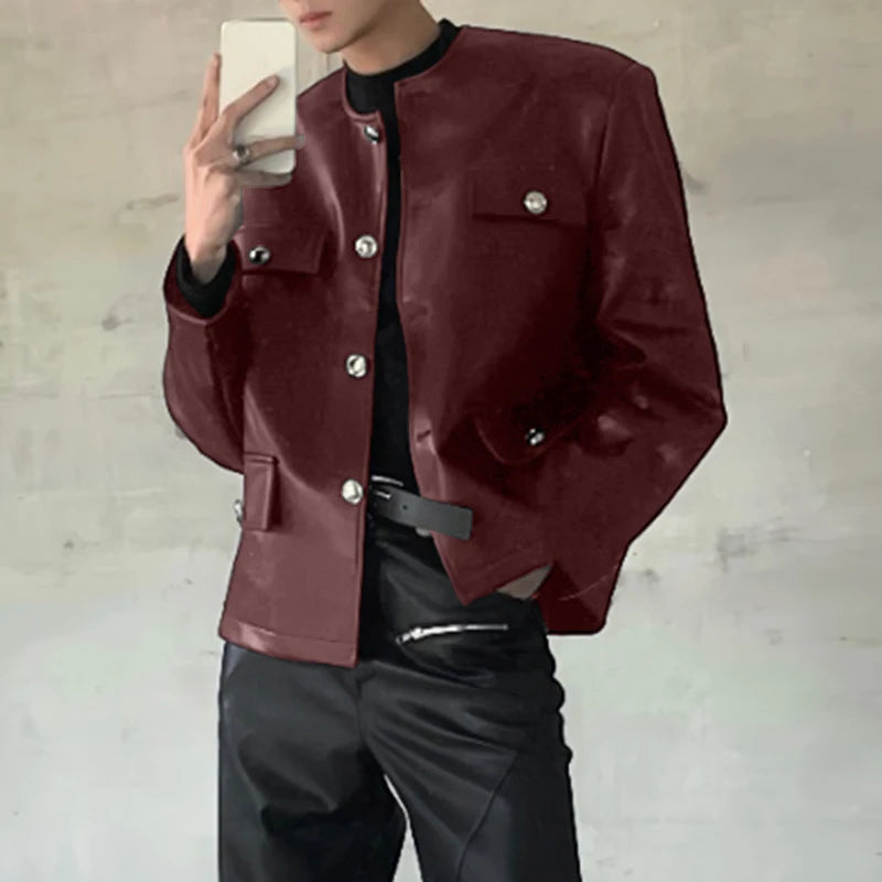 INCERUN Men Jackets PU Leather Solid Color O-neck Long Sleeve Male Coats Streetwear Button 2025 Fashion Casual Jackets Outerwear