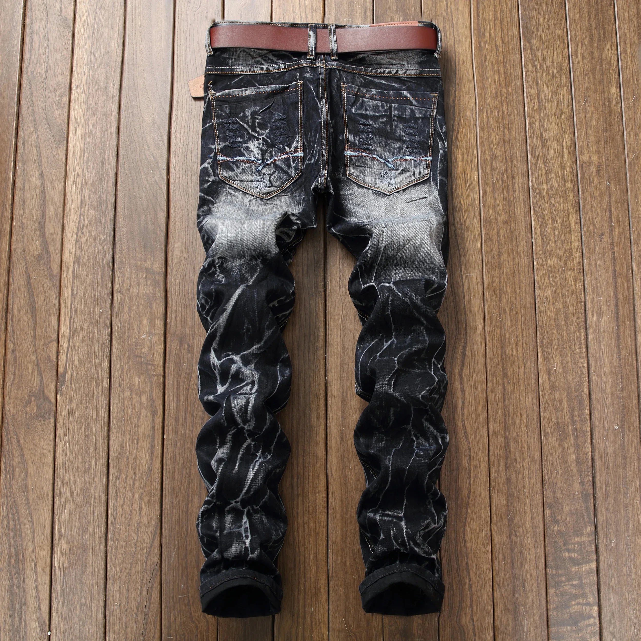 New Patchwork Ripped Casual Jeans Men's Street Wear Retro Distressed Motorcycle Slim Fit Straight Fashion Denim Trousers Male