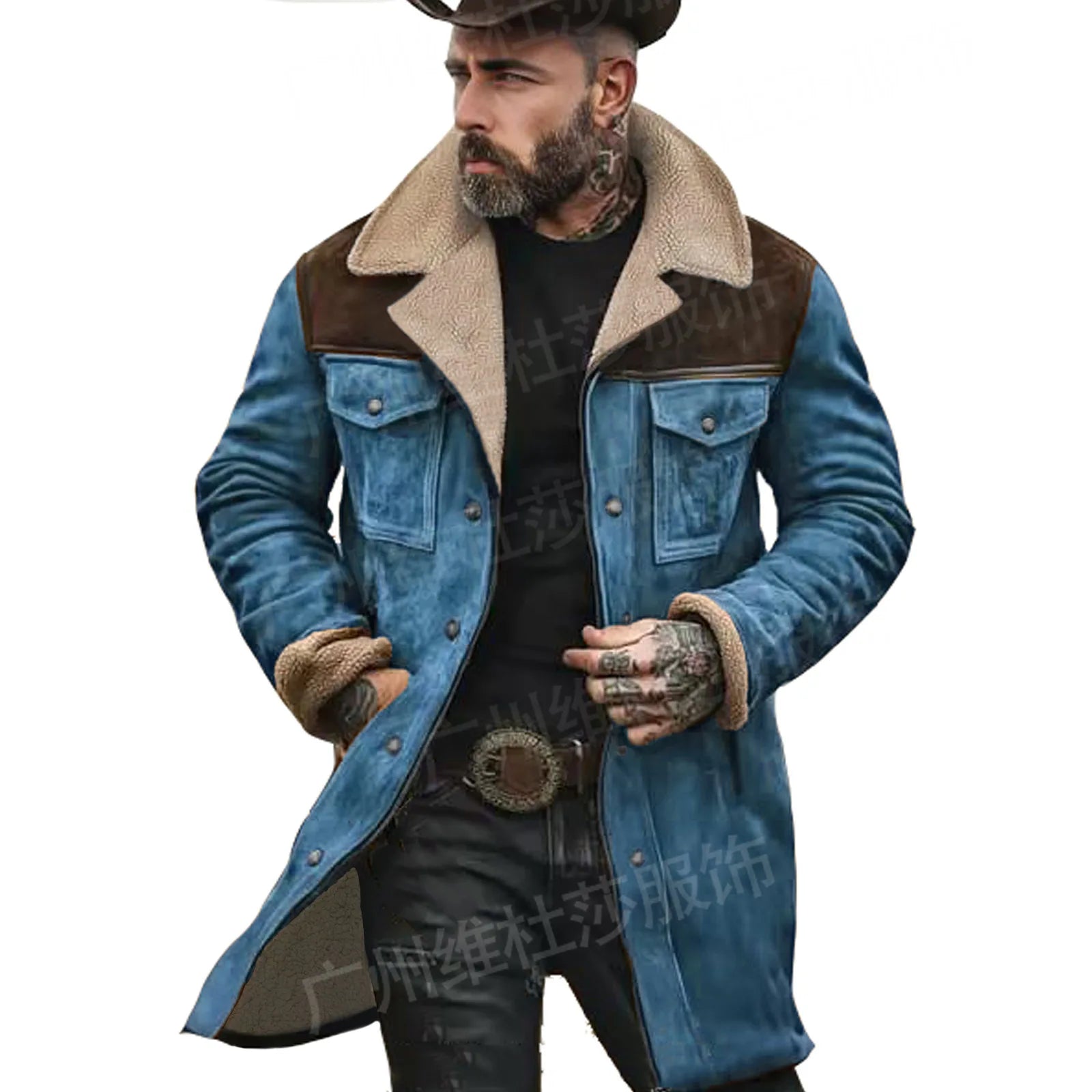 New Autumn Winter Men's Suede Color Matching Jackets Multi-pocket Lapel Casual Windproof Outerwear Vintage Warm Men Trench Coats