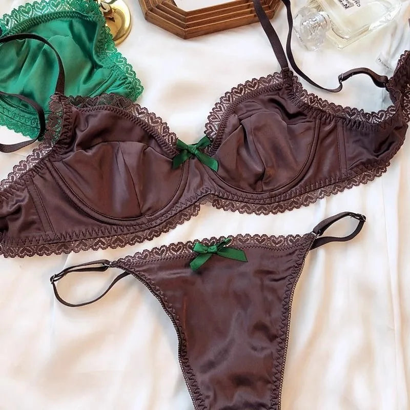 Women Underwear Set Ice Silk Sexy Lace See Through Push Up Bra Set Summer Spring Gathered Breathable Lingerie and Panty