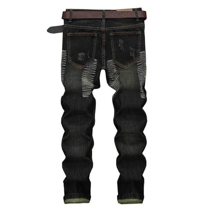 Men's Knee-length Ripped Vintage Jeans (without Belt) Hip-hop High Street Motorcycle Fashion Casual Straight Denim Trousers Male