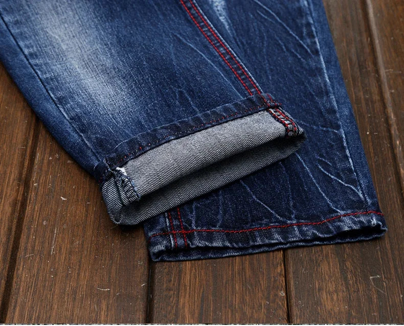 Men's Knee-length Ripped Vintage Jeans (without Belt) Hip-hop High Street Motorcycle Fashion Casual Straight Denim Trousers Male