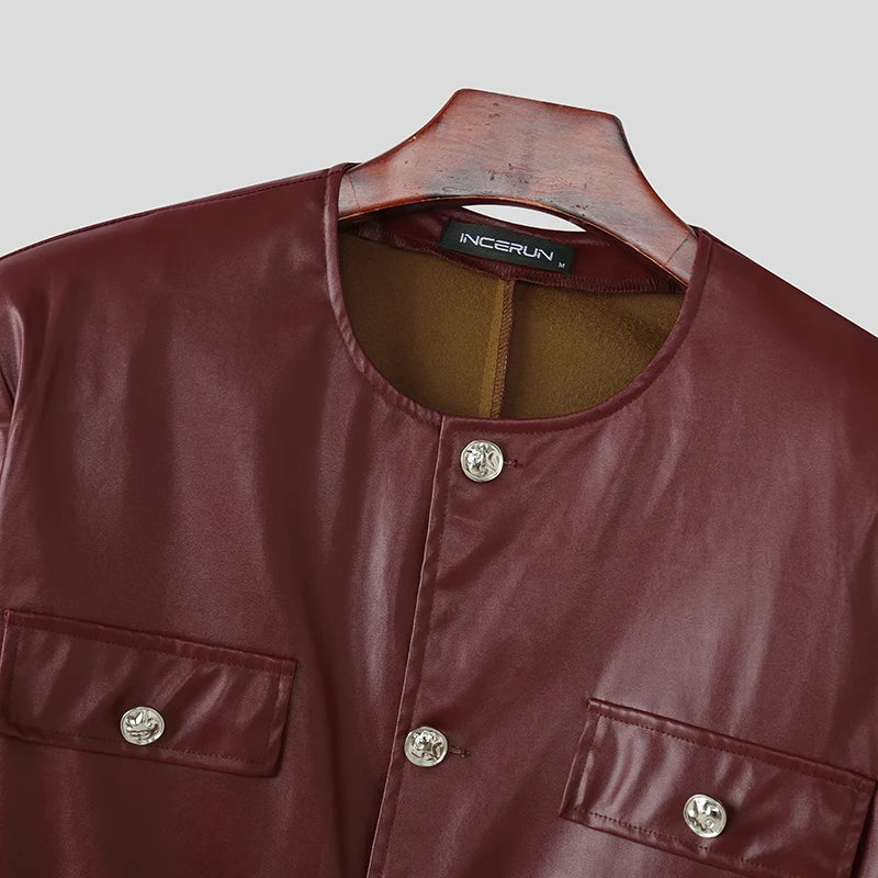 INCERUN Men Jackets PU Leather Solid Color O-neck Long Sleeve Male Coats Streetwear Button 2025 Fashion Casual Jackets Outerwear
