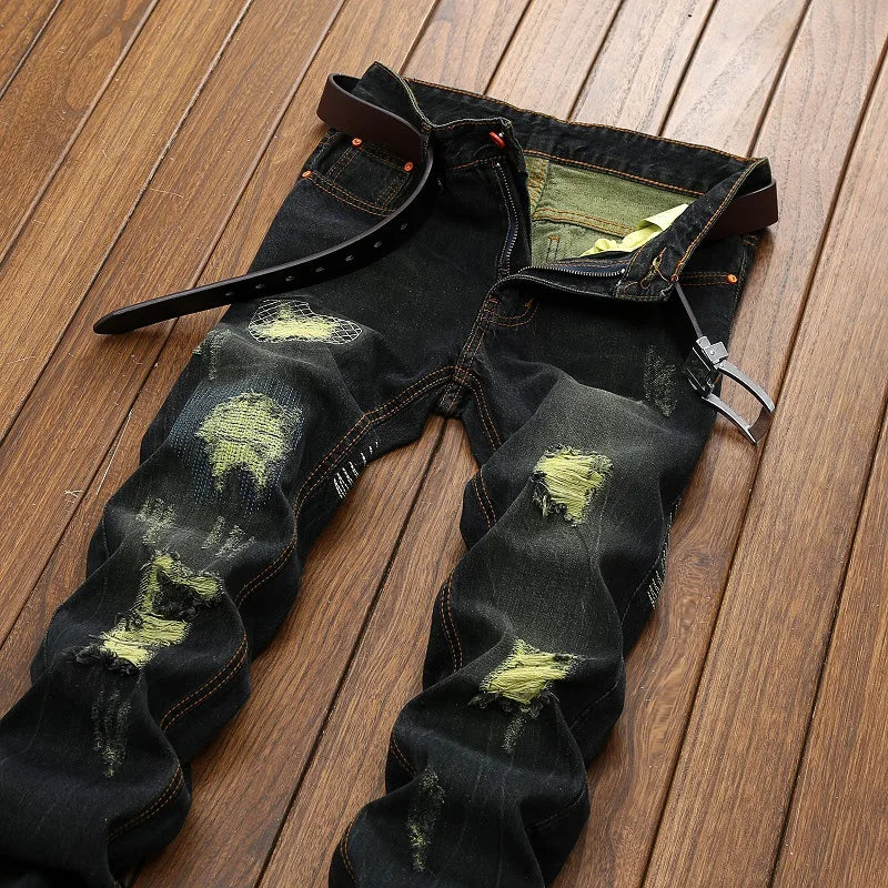 Men's Knee-length Ripped Vintage Jeans (without Belt) Hip-hop High Street Motorcycle Fashion Casual Straight Denim Trousers Male