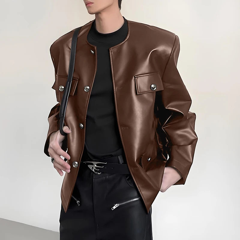 INCERUN Men Jackets PU Leather Solid Color O-neck Long Sleeve Male Coats Streetwear Button 2025 Fashion Casual Jackets Outerwear