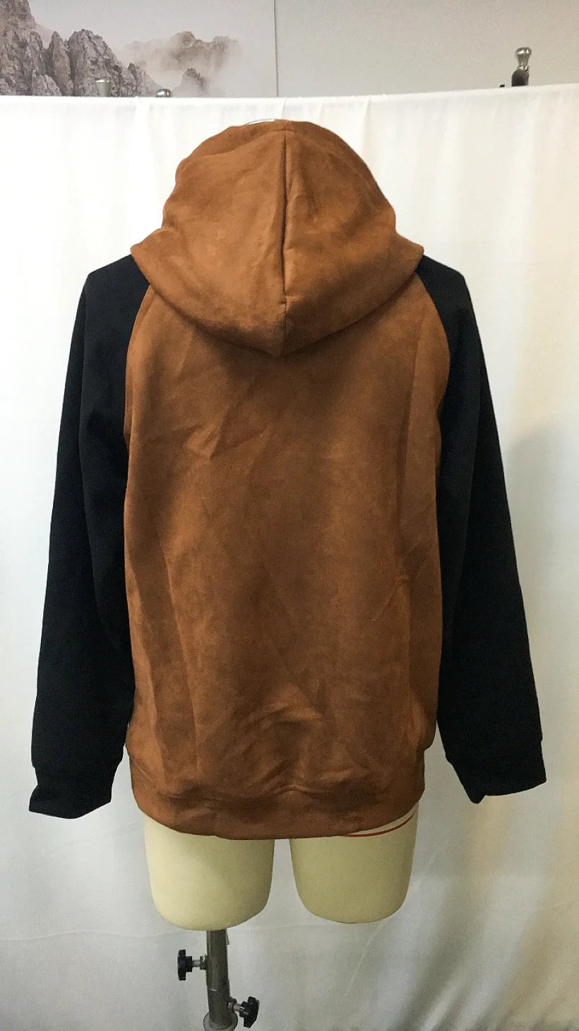2025 Mens Outdoor Casual Hooded Sweatshirt Contrast Stitching Raglan Sleeve Retro Western Workwear Style Thick Fleece Lined