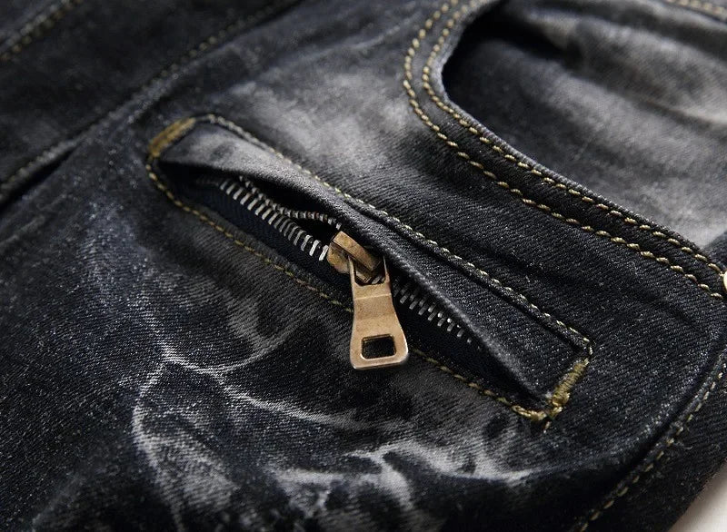 Zipper Pocket Retro Nostalgic Jeans Men's New Style High Street Motorcycle Fashion Stretch Slim Straight Denim Trousers Male