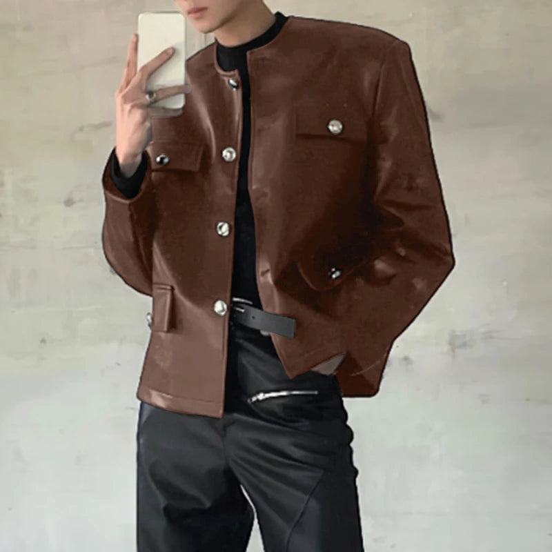 INCERUN Men Jackets PU Leather Solid Color O-neck Long Sleeve Male Coats Streetwear Button 2025 Fashion Casual Jackets Outerwear