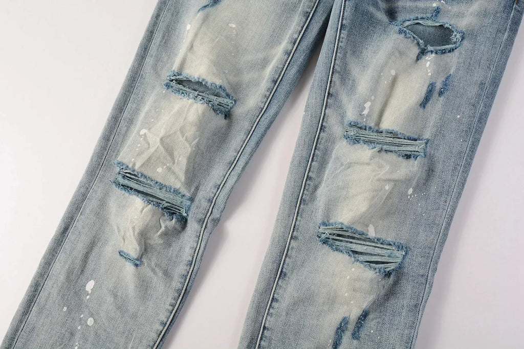 2025 Jeans Man's High Street Blue Ripped Distressed Skinny Jeans Low Rise Denim Trousers Fashion Repair Pants 9003
