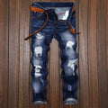 Men's Knee-length Ripped Vintage Jeans (without Belt) Hip-hop High Street Motorcycle Fashion Casual Straight Denim Trousers Male