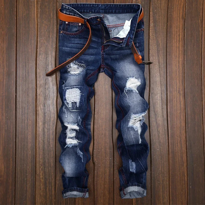 Men's Knee-length Ripped Vintage Jeans (without Belt) Hip-hop High Street Motorcycle Fashion Casual Straight Denim Trousers Male