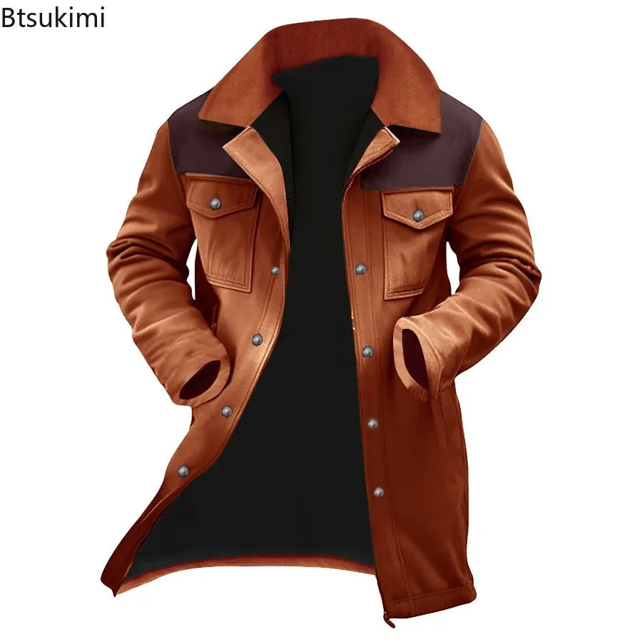 New Autumn Winter Men's Suede Color Matching Jackets Multi-pocket Lapel Casual Windproof Outerwear Vintage Warm Men Trench Coats