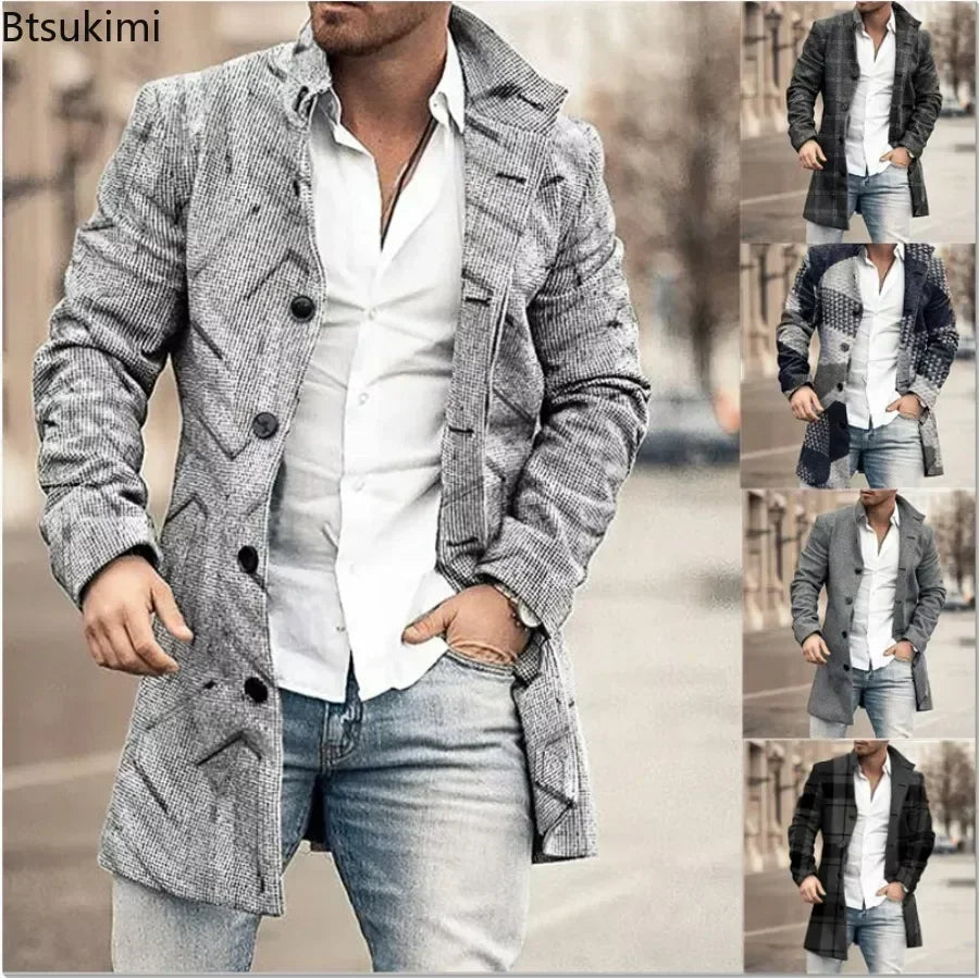 2025 Men's Casual Wool Blends Jacket Plaid Print Long Sleeve Buttoned Jackets Coats Tops Male Warm Outerwear Long Coats Men 4XL