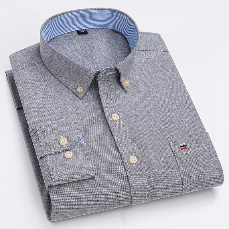 Casual Pure Cotton Oxford Mens Shirts Long Sleeve Plain Soild Regular Fit Fashion Button Man Dress Shirts