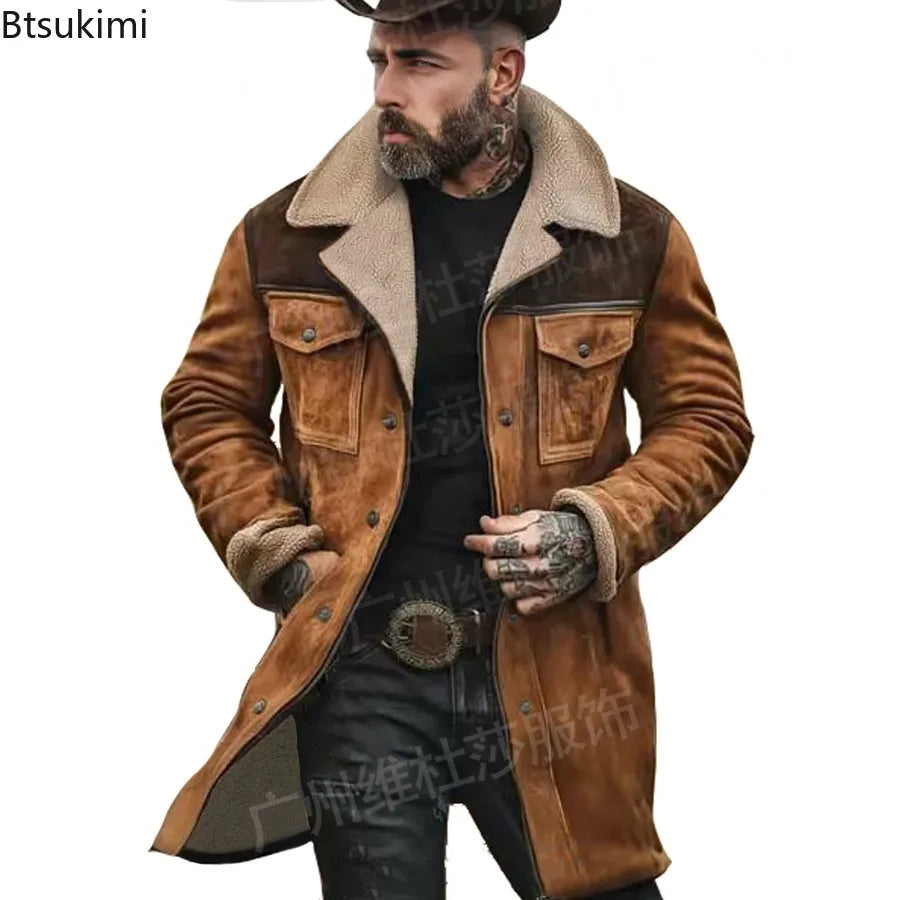 New Autumn Winter Men's Suede Color Matching Jackets Multi-pocket Lapel Casual Windproof Outerwear Vintage Warm Men Trench Coats