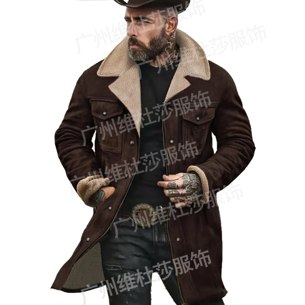 New Autumn Winter Men's Suede Color Matching Jackets Multi-pocket Lapel Casual Windproof Outerwear Vintage Warm Men Trench Coats