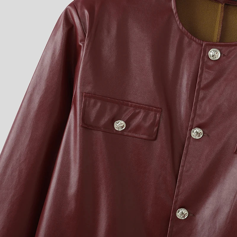 INCERUN Men Jackets PU Leather Solid Color O-neck Long Sleeve Male Coats Streetwear Button 2025 Fashion Casual Jackets Outerwear