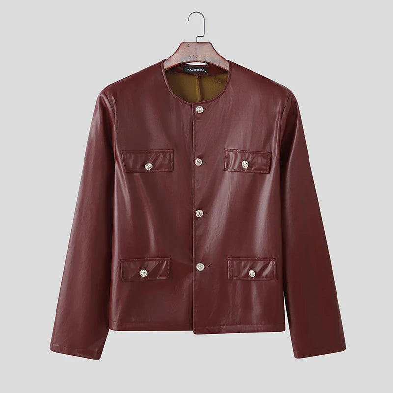 INCERUN Men Jackets PU Leather Solid Color O-neck Long Sleeve Male Coats Streetwear Button 2025 Fashion Casual Jackets Outerwear