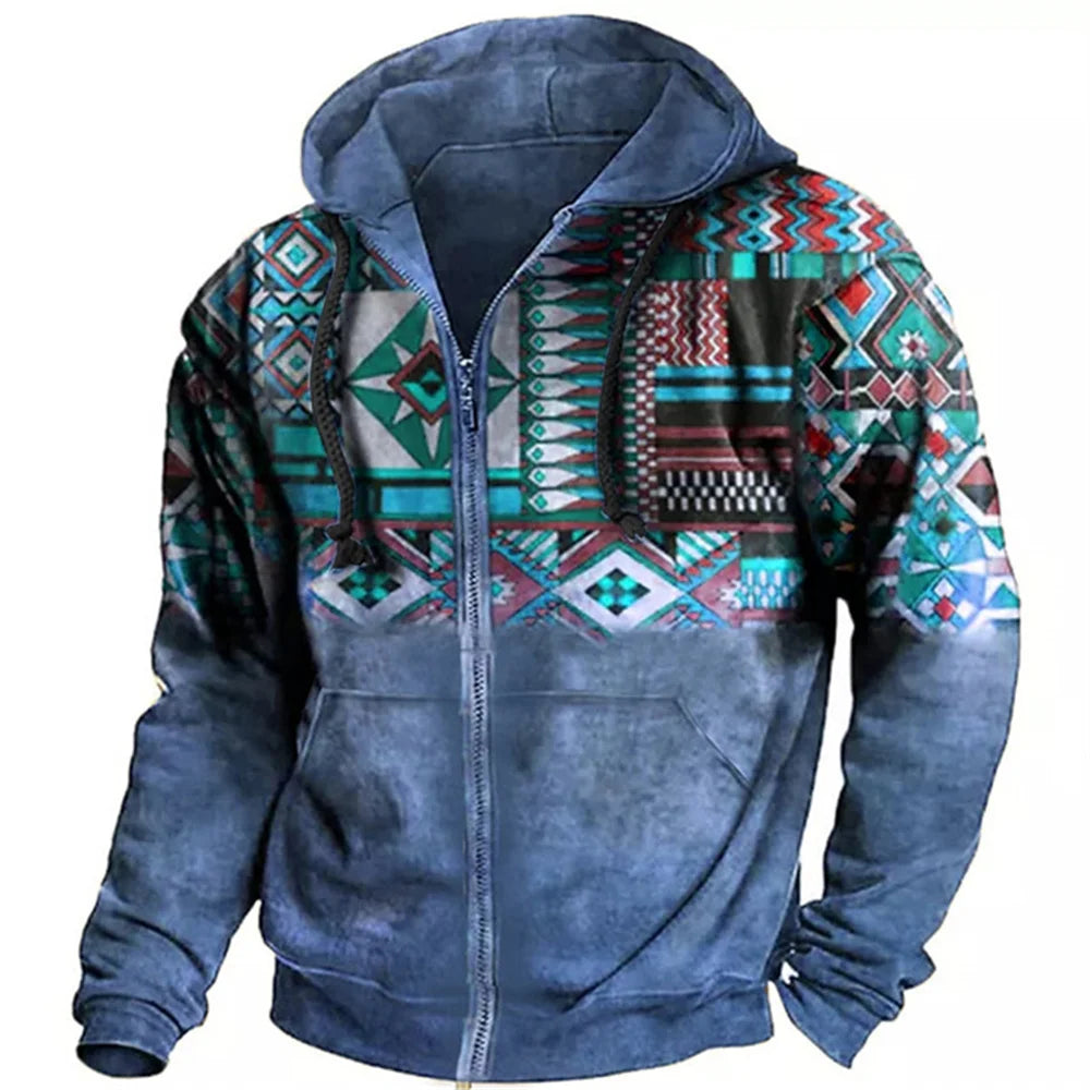 Vintage Y2K Zipper Golf Hoodie For Men Fashion Jacket Ethnic Men's Pullovers Jersey Sweatshirt Long Sleeve Casual Clothing Tops