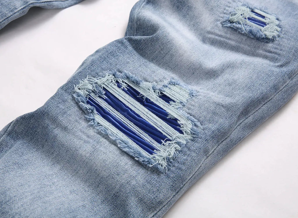 Current AM Brand Embroidered Distressed Patch High Street Youth Men's Slim Fit Skinny Pants