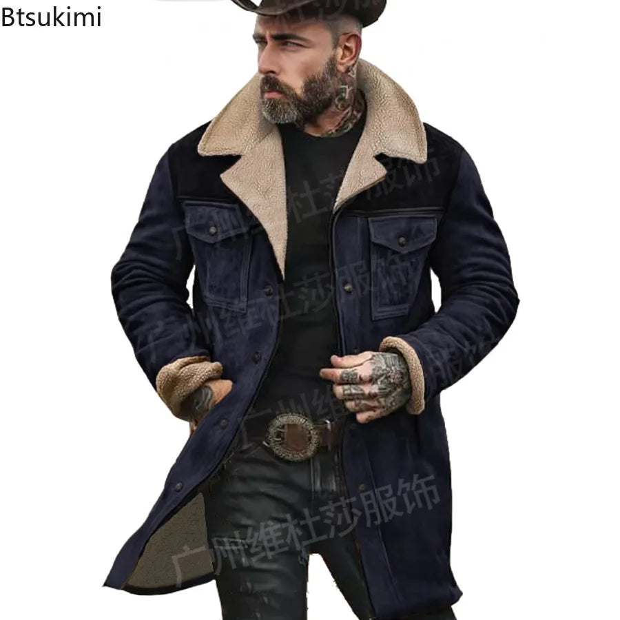 New Autumn Winter Men's Suede Color Matching Jackets Multi-pocket Lapel Casual Windproof Outerwear Vintage Warm Men Trench Coats