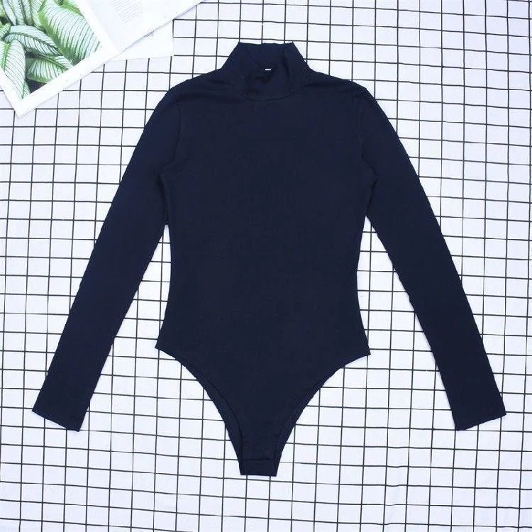 Bodysuit Hot Girl Sexy Spice Basic High-Neck Elastic Slim-Fit Fashion Long-Sleeved Bodycon Top innerwear Solid Base Layer Shirt