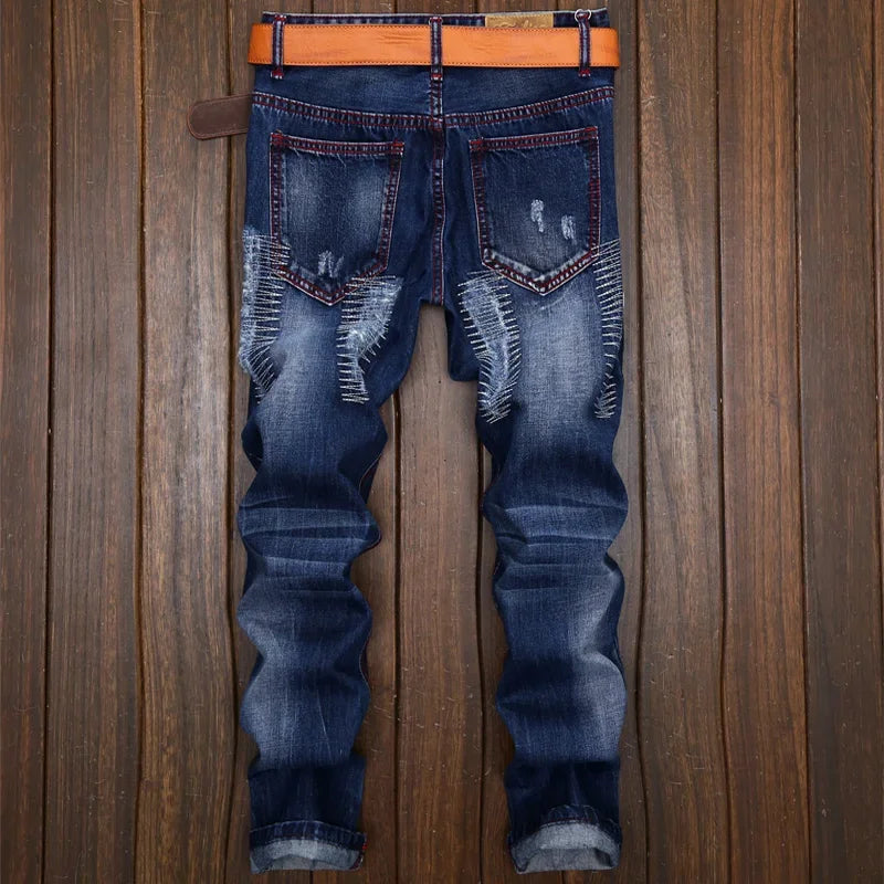 Men's Knee-length Ripped Vintage Jeans (without Belt) Hip-hop High Street Motorcycle Fashion Casual Straight Denim Trousers Male