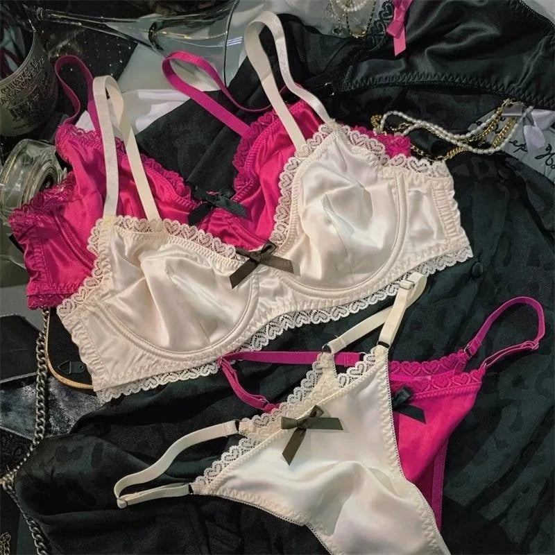 Women Underwear Set Ice Silk Sexy Lace See Through Push Up Bra Set Summer Spring Gathered Breathable Lingerie and Panty