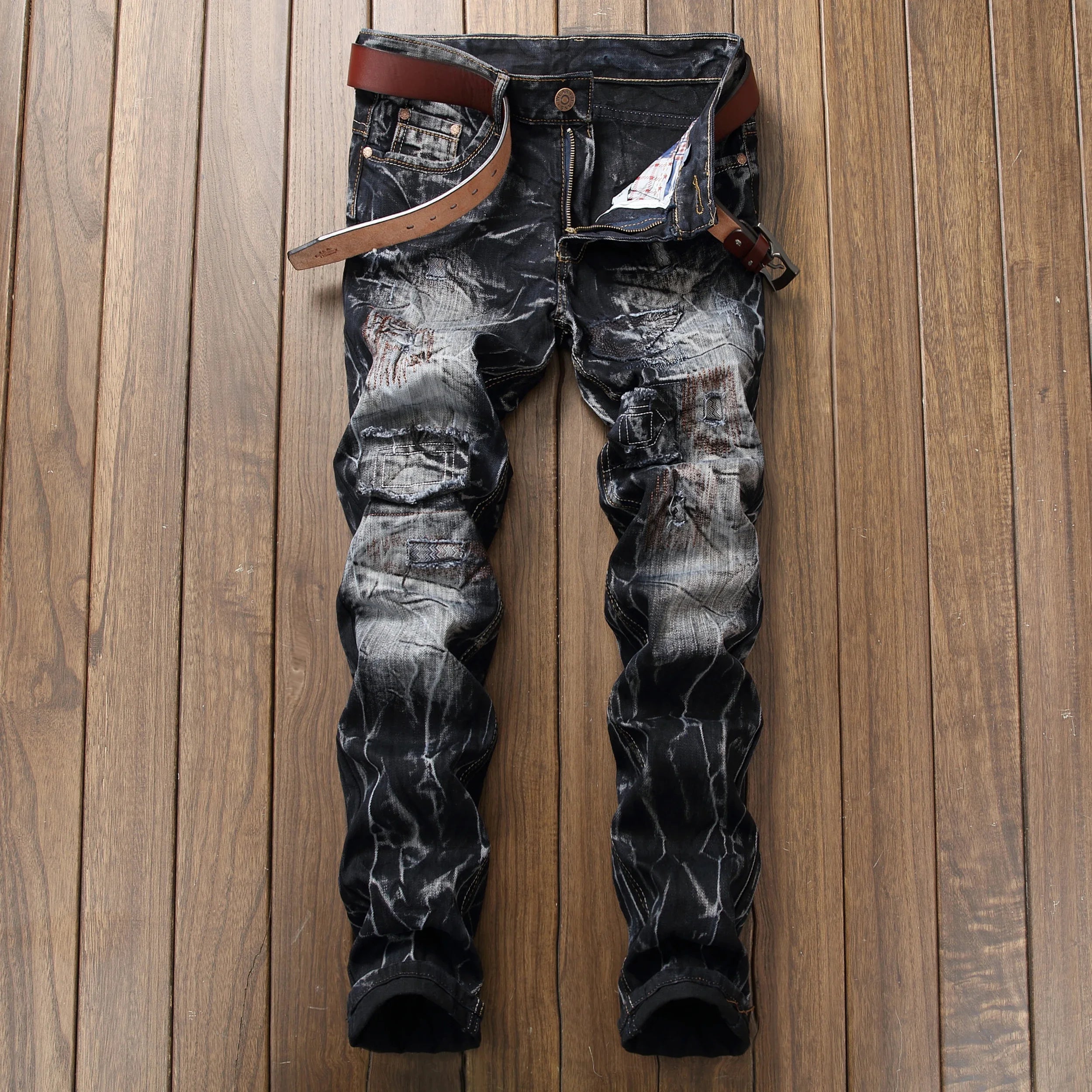 New Patchwork Ripped Casual Jeans Men's Street Wear Retro Distressed Motorcycle Slim Fit Straight Fashion Denim Trousers Male