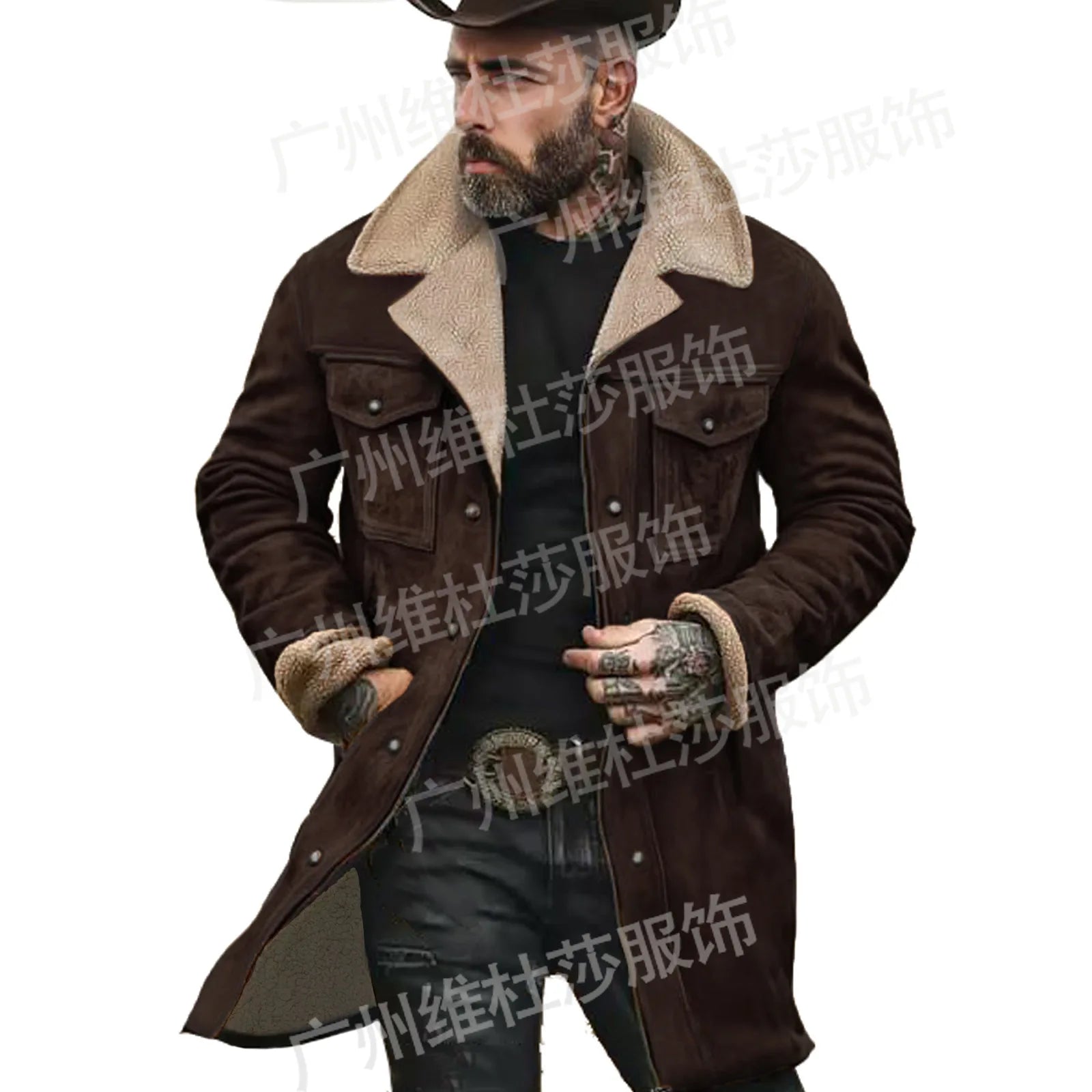 New Autumn Winter Men's Suede Color Matching Jackets Multi-pocket Lapel Casual Windproof Outerwear Vintage Warm Men Trench Coats