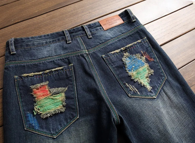 Autumn New Yellow Men's Jeans, Blue Stretch Biker Trousers, Broken Hole Jeans, Fashion Popular Men Denim Pants Big Size 29-42