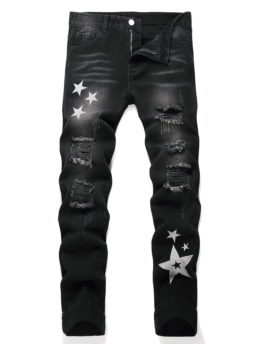 Black Y2K Jeans Mid Rise Straight Leg Man Pants with Silver Star Design Distressed Ripped Denim Clothing Hip Hop Male Streetwear