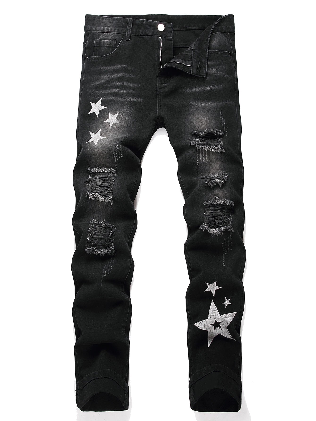 Black Y2K Jeans Mid Rise Straight Leg Man Pants with Silver Star Design Distressed Ripped Denim Clothing Hip Hop Male Streetwear