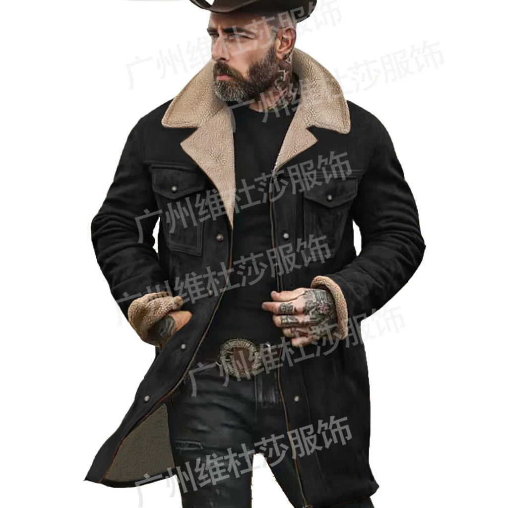 New Autumn Winter Men's Suede Color Matching Jackets Multi-pocket Lapel Casual Windproof Outerwear Vintage Warm Men Trench Coats
