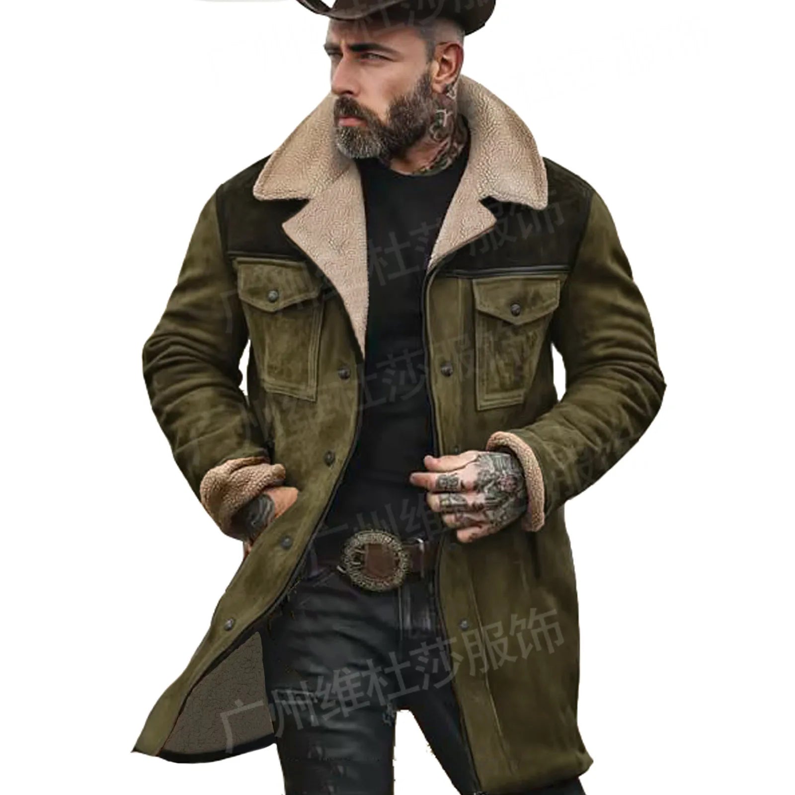 New Autumn Winter Men's Suede Color Matching Jackets Multi-pocket Lapel Casual Windproof Outerwear Vintage Warm Men Trench Coats